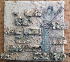 graffiti man leaning on wall styro bricks